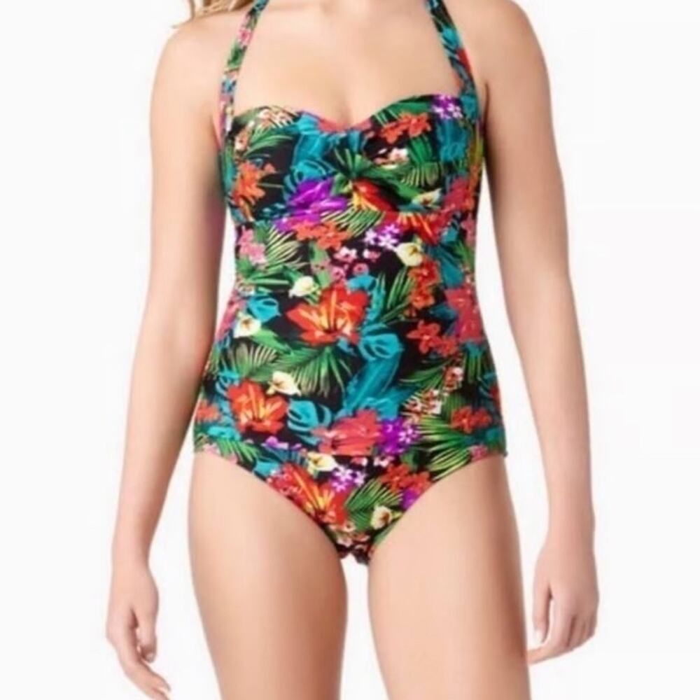 Catalina Floral Tropical One Piece Swimsuit Black Colorful XL Halter Tie Top